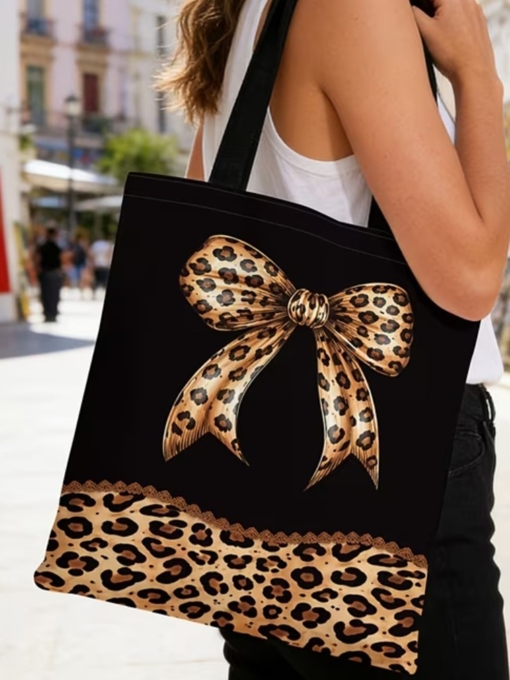 Black Leopard Bow Tote Bag - Stylish Women's Tote - Picture 4 of 5